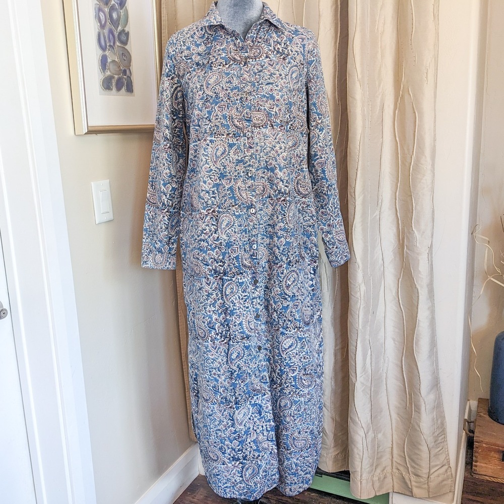 Boho‎ Kalamkari Maxi Shirt Dress S Blue Paisley Cotton Duster Slits Pockets L/S